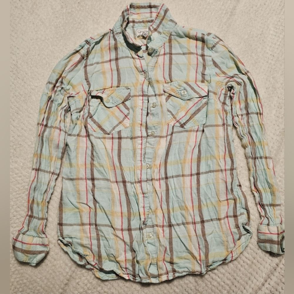 Blue and Red Plaid Mandarin Collar Long Sleeve Button Down Shirt